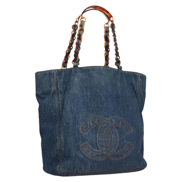 CHANEL Coco Mark Chain Tote Bag Denim Blue CC - Picture 1 of 16